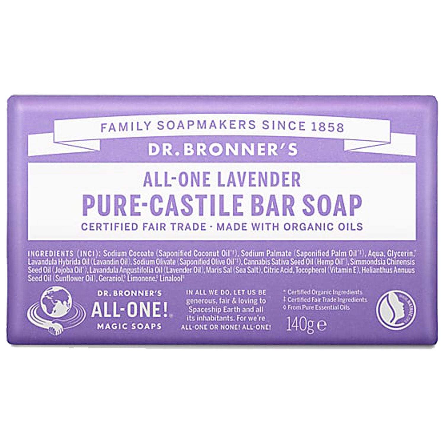 Dr. Bronner's AllOne Lavender PureCastile Bar Soap 140g Busy Beans