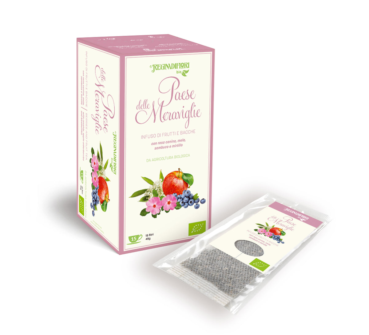 Regina di Fiori Organic Fruit Tea with Rosehip, Apple, Elderberry and Blueberry - 15 Tea Bags x 3g