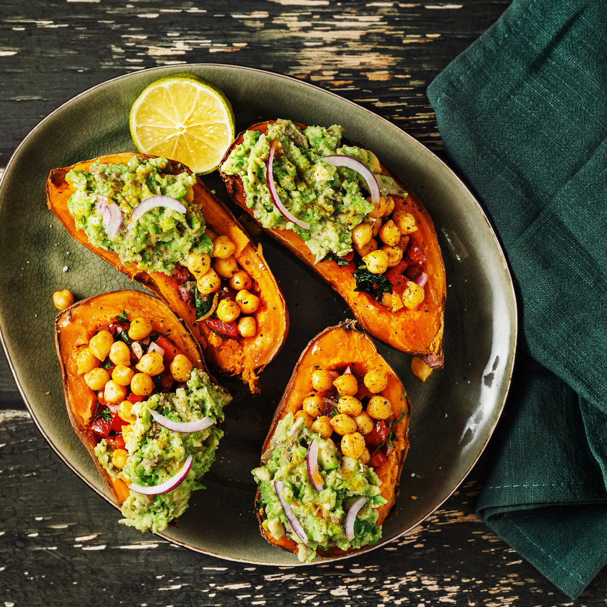 Baked Stuffed Sweet Potatoes with Chickpeas, Tomatoes, and Avocado – Busy Beans Organic