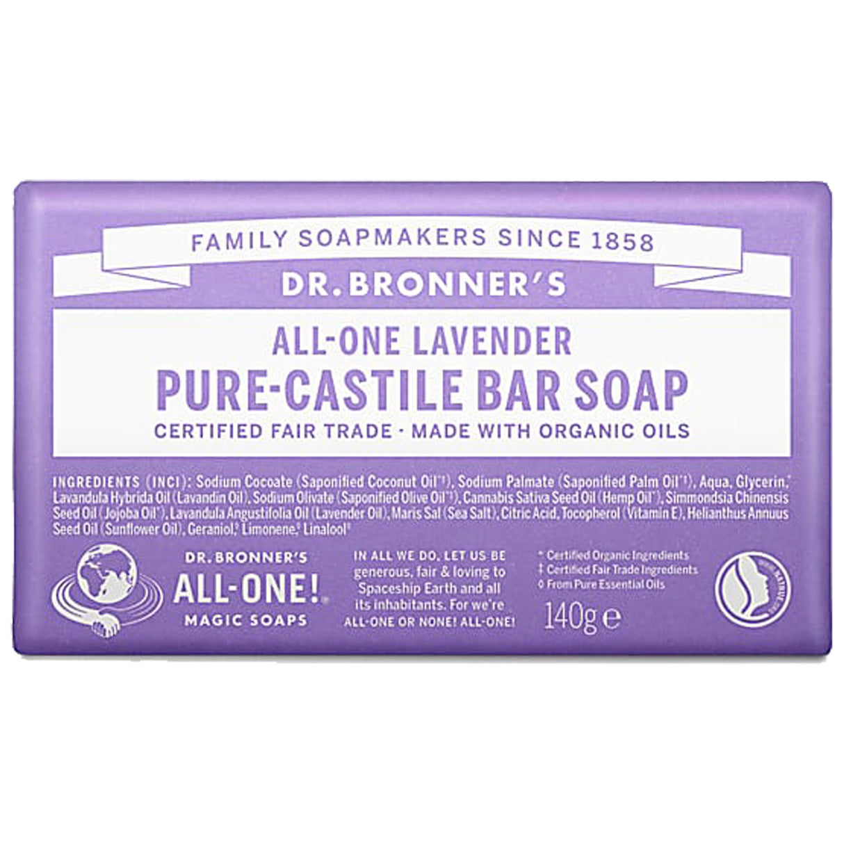 Dr. Bronner's All-One Lavender Pure-Castile Bar Soap 140g