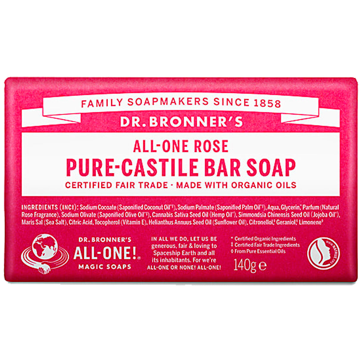 Dr. Bronner's All-One Rose Pure-Castile Bar Soap 140g
