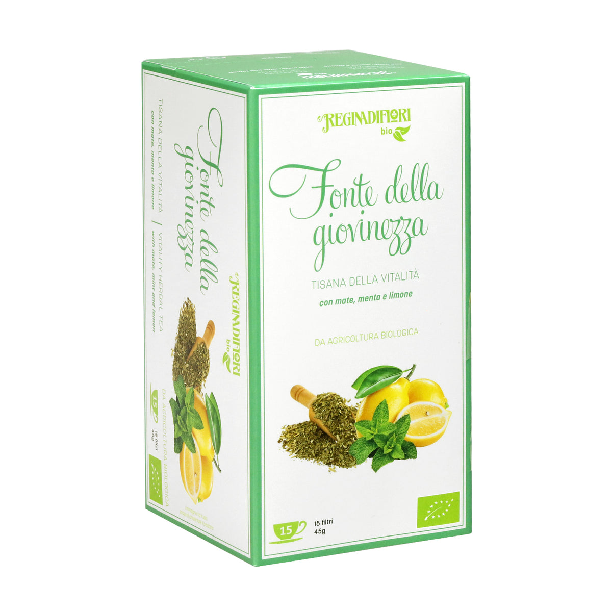 Regina di Fiori Organic Vitality Herbal Tea with Mate, Mint and Lemon - 15 Tea Bags x 3g